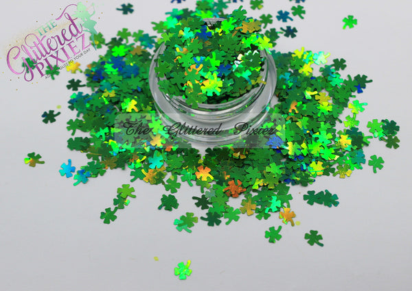 Shimmering shamrocks! Green holographic Four leaf clover glitter!